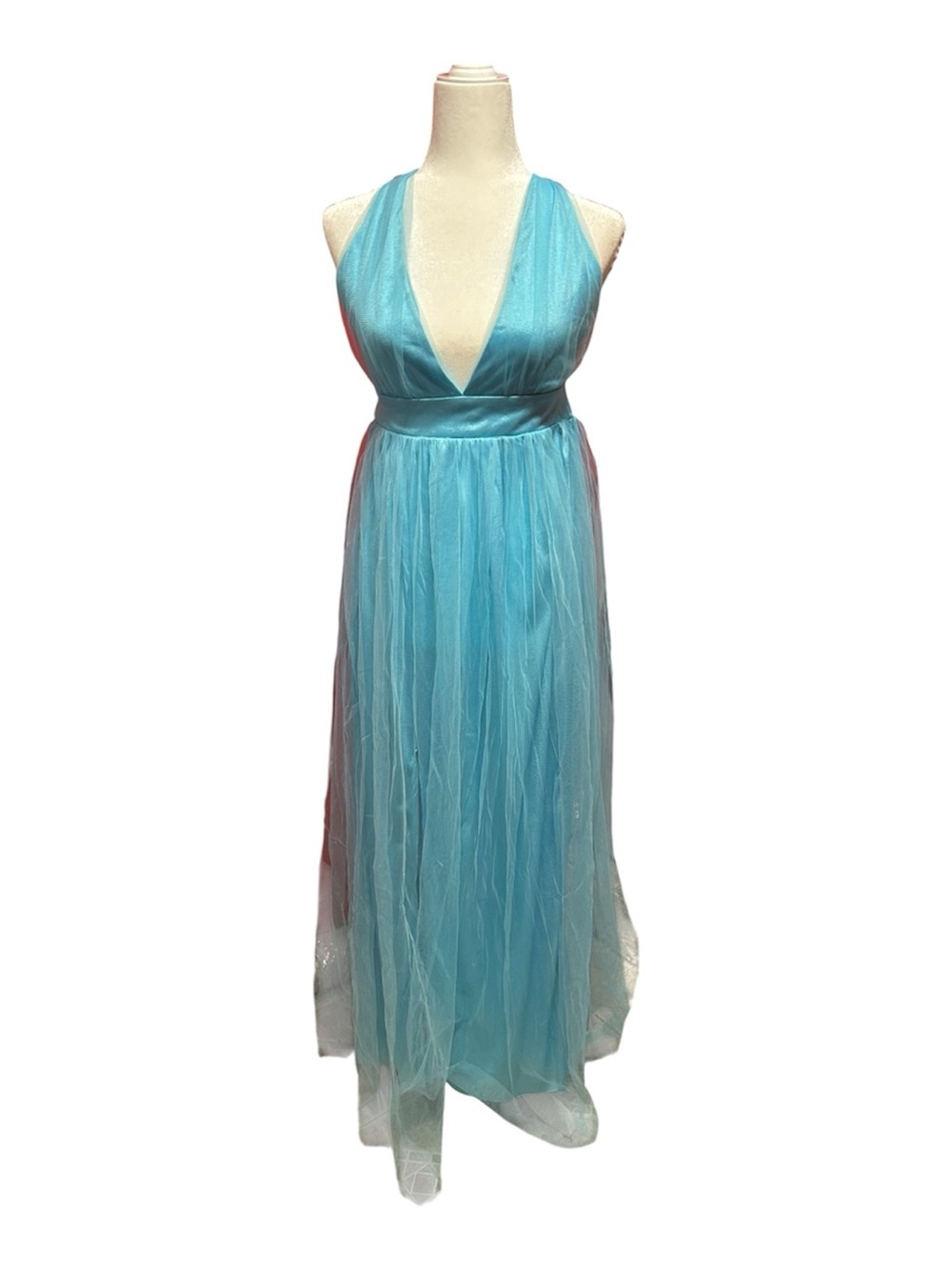Long Tulle Evening Aqua V-Neck Halter Dress with Slit Bridesmaid Wedding